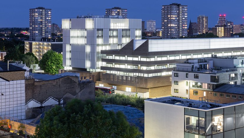 Battersea Campus photographed at night by Iwan Baan