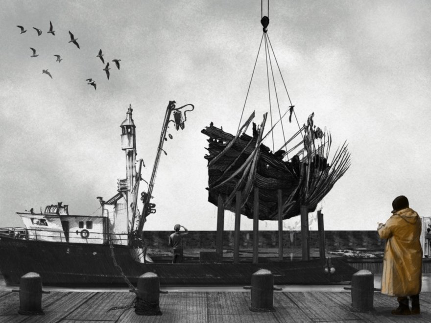 A crane lifts a sunken wooden ship onto a modern boat while people watch at a dock under a cloudy sky.