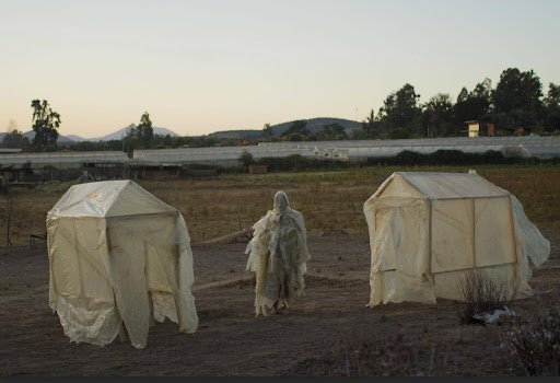 Person in translucent plastic outfit stands between two makeshift tent structures in a dry, rural landscape at dusk.