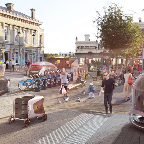 Driverless Futures: A future interchange based around a variety of driverless vehicles by designers and researchers from The Helen Hamlyn Centre for Design and the Intelligent Mobility Design Centre.