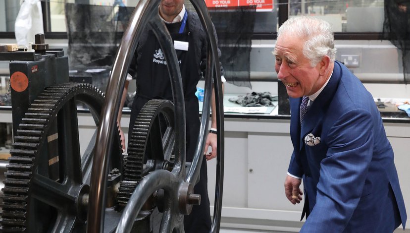 His Royal Highness The Prince of Wales creates a print with the 'Hockney Press'
