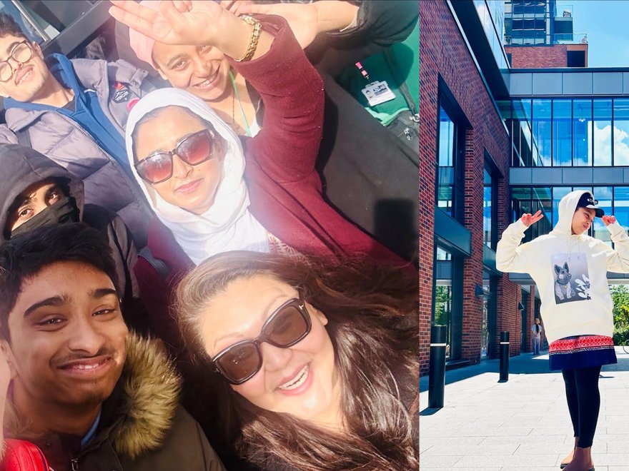 Splitscreen photo: a group of adults take a selfie, a young adult skips in the road.