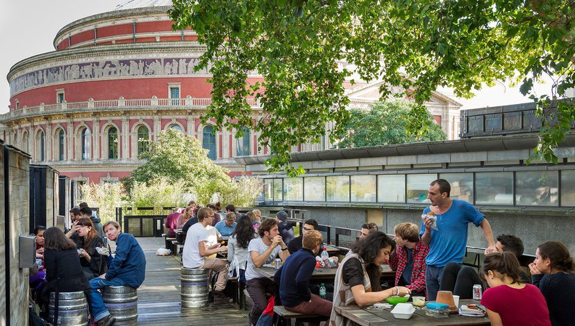 Students enjoy the RCAfe terrace