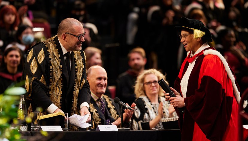 Lubaina Himid CBE receives her Honorary Doctorate from Chancellor Sir Jony Ive at Convocation 2022