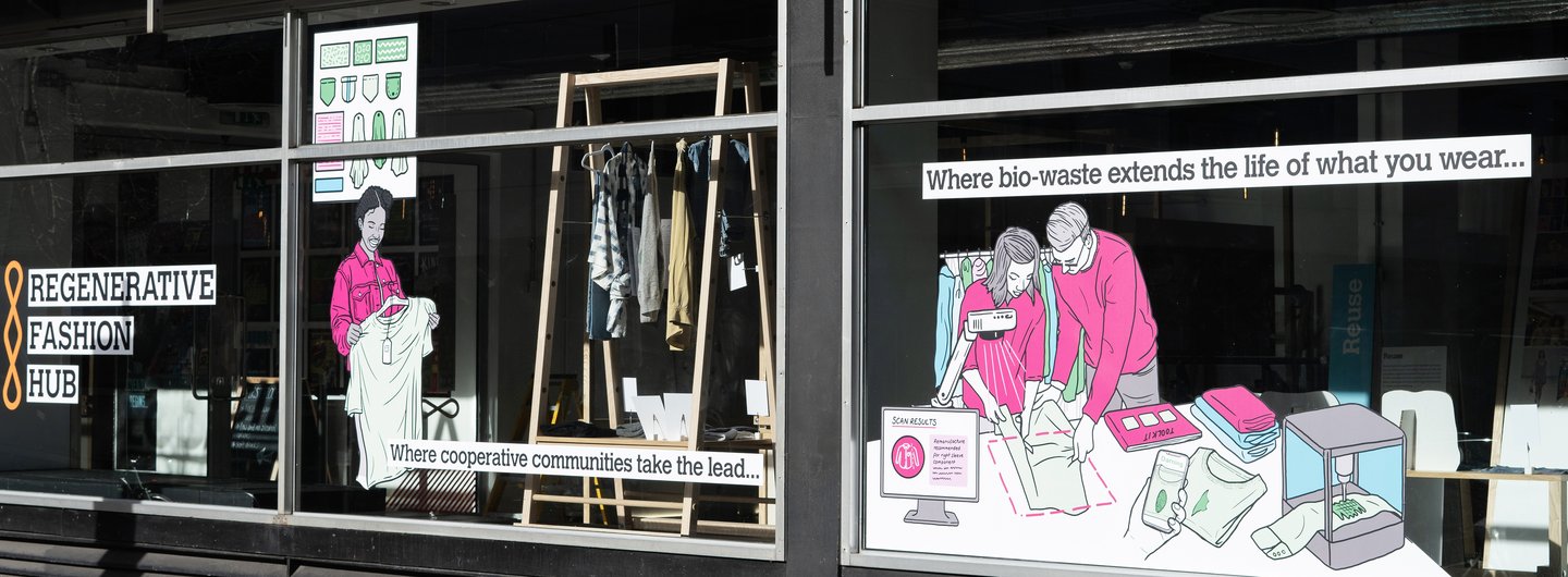 Regenerative Fashion Hub exhibition at Rich Mix, London, 2024. Photo credit: Chris Lee