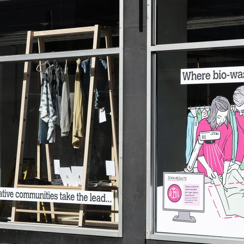 Regenerative Fashion Hub exhibition at Rich Mix, London, 2024. Photo credit: Chris Lee