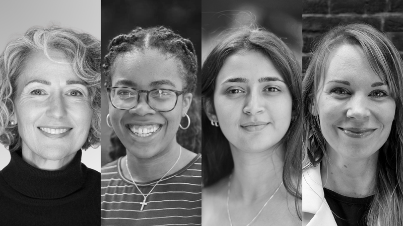 Black and white headshot composite photo of Dr Nadia Danhash, Debra Babalola, Shefali Bohra and Dr Corrine Ellsworth-Beaumont